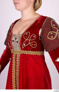  Photos Woman in Historical Dress 78 17th century decorated historical clothing lace red decorated dress upper body 0003.jpg